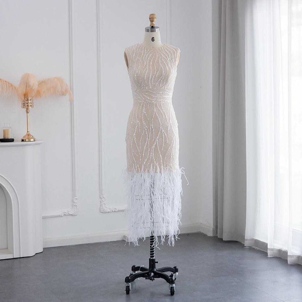 Dreamy Vow Elegant Light Blue Lace Midi Evening Dress with Feathers Beading Women Black Formal Dresses for Wedding Party 499