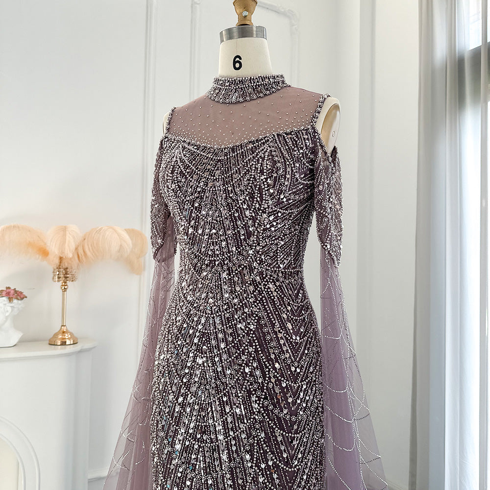 Dreamy Vow Sage Green Mermaid Luxury Dubai Evening Dress with Cape Sleeves Elegant Women Purple Wedding Formal Party Gown 205