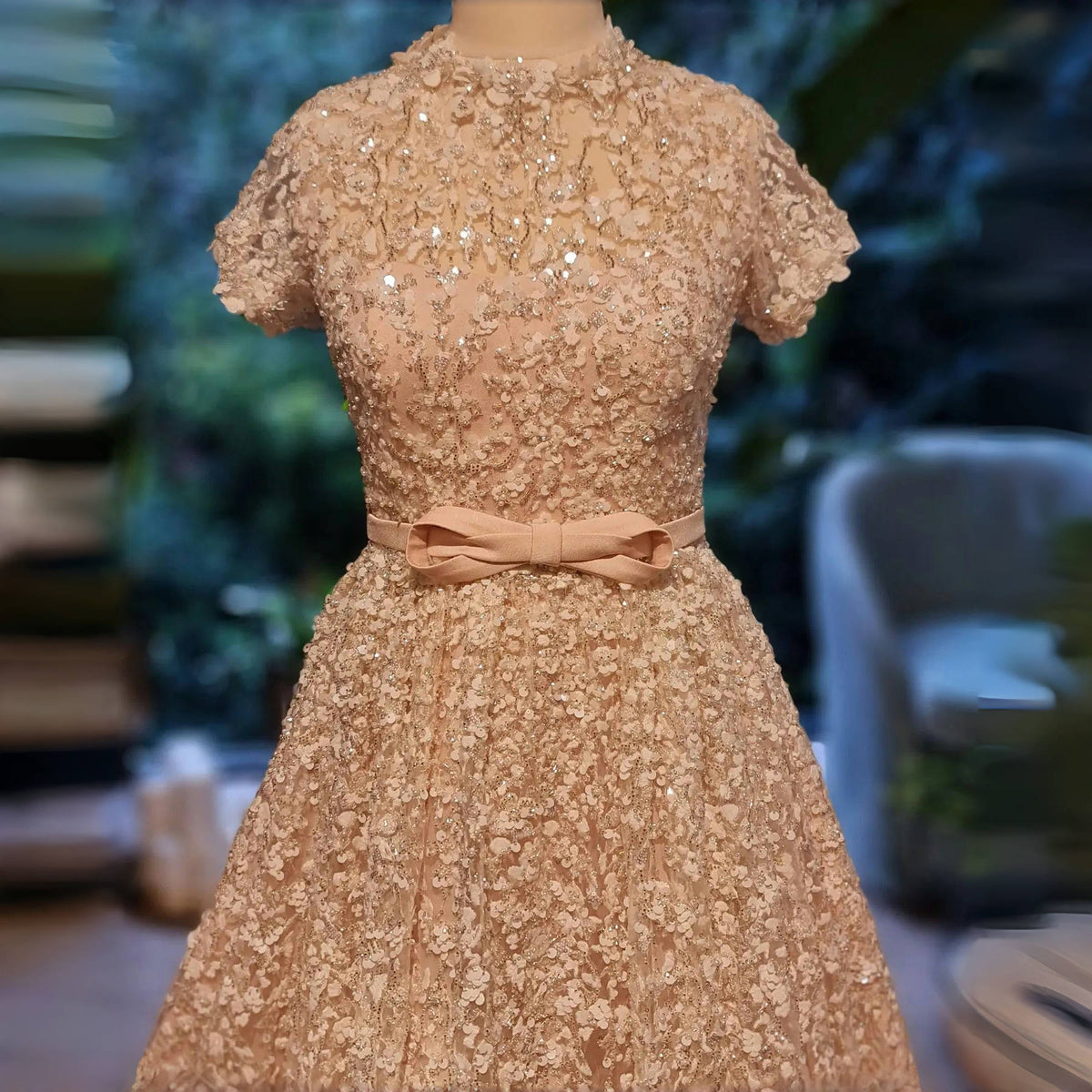 Elegant Embroidered Peach Beaded Evening Gown with Bow SS062