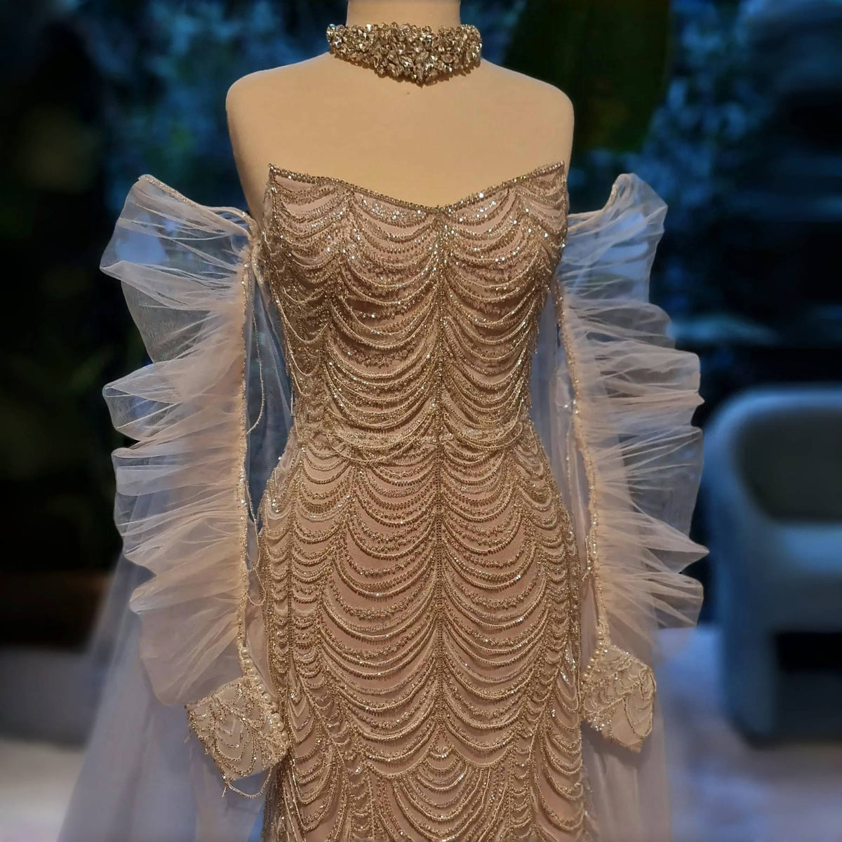 Luxury Beaded Champagne Evening Dress with Cape Sleeve SS535