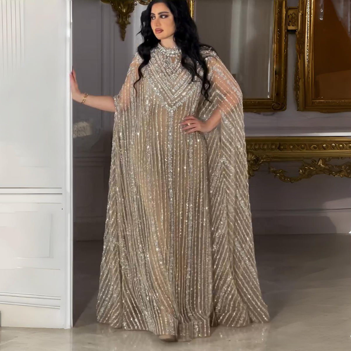 Luxury Pearls Champagne Evening Dress with Cape SS118