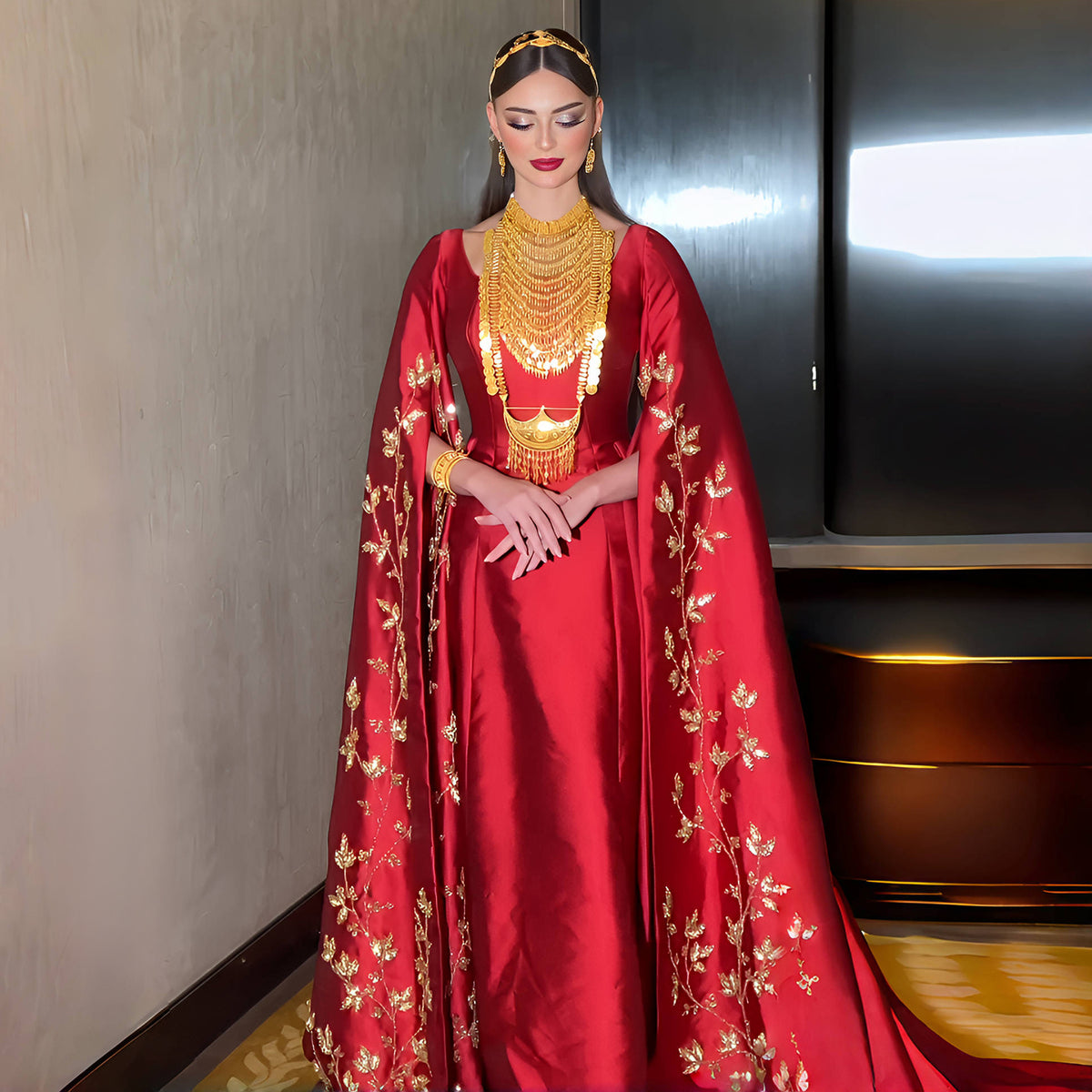 Elegant Floral Embroidery Red Evening Dress with Cape Sleeve SS568
