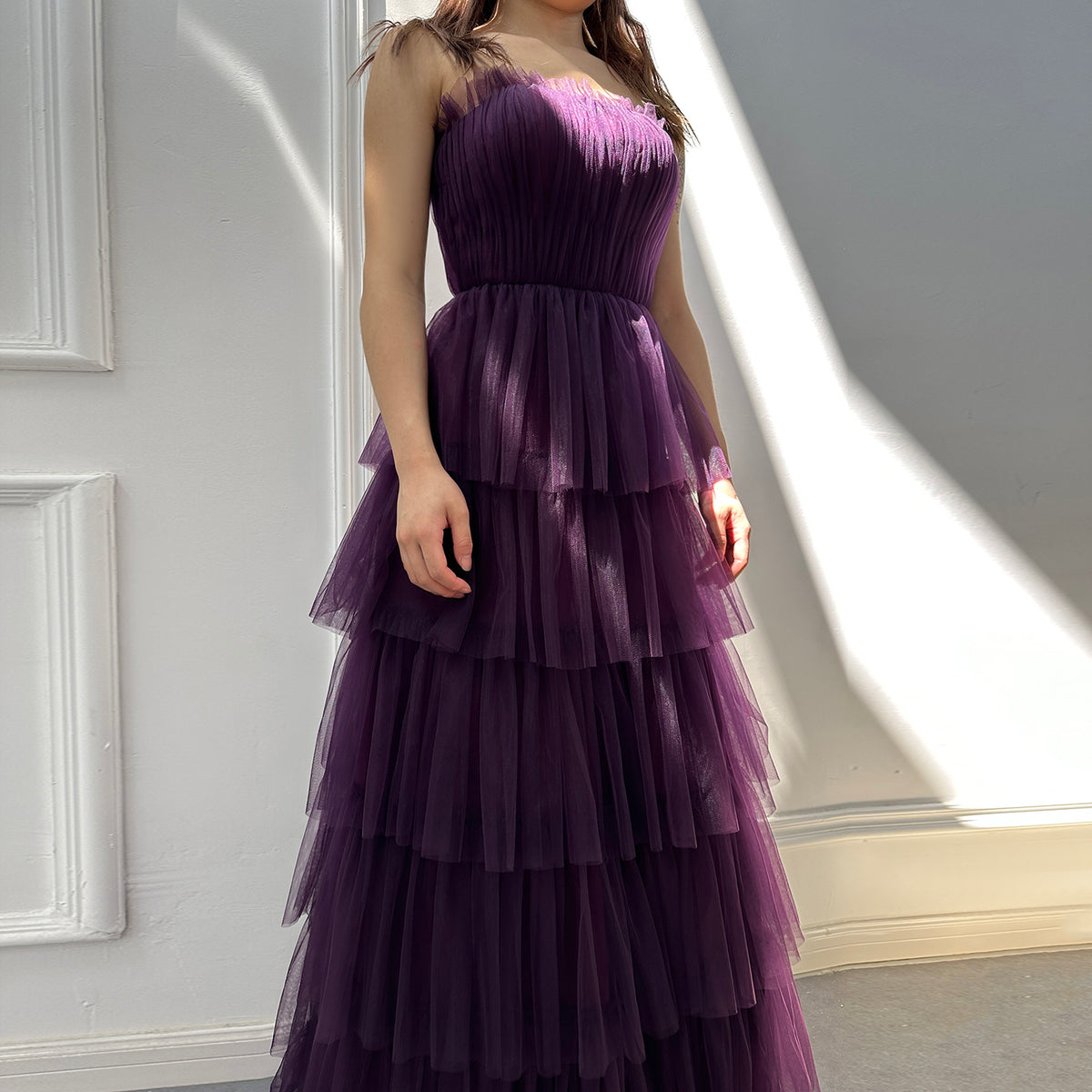 Luxury Purple A-Line Strapless Tiered Lace Evening Dress SF006