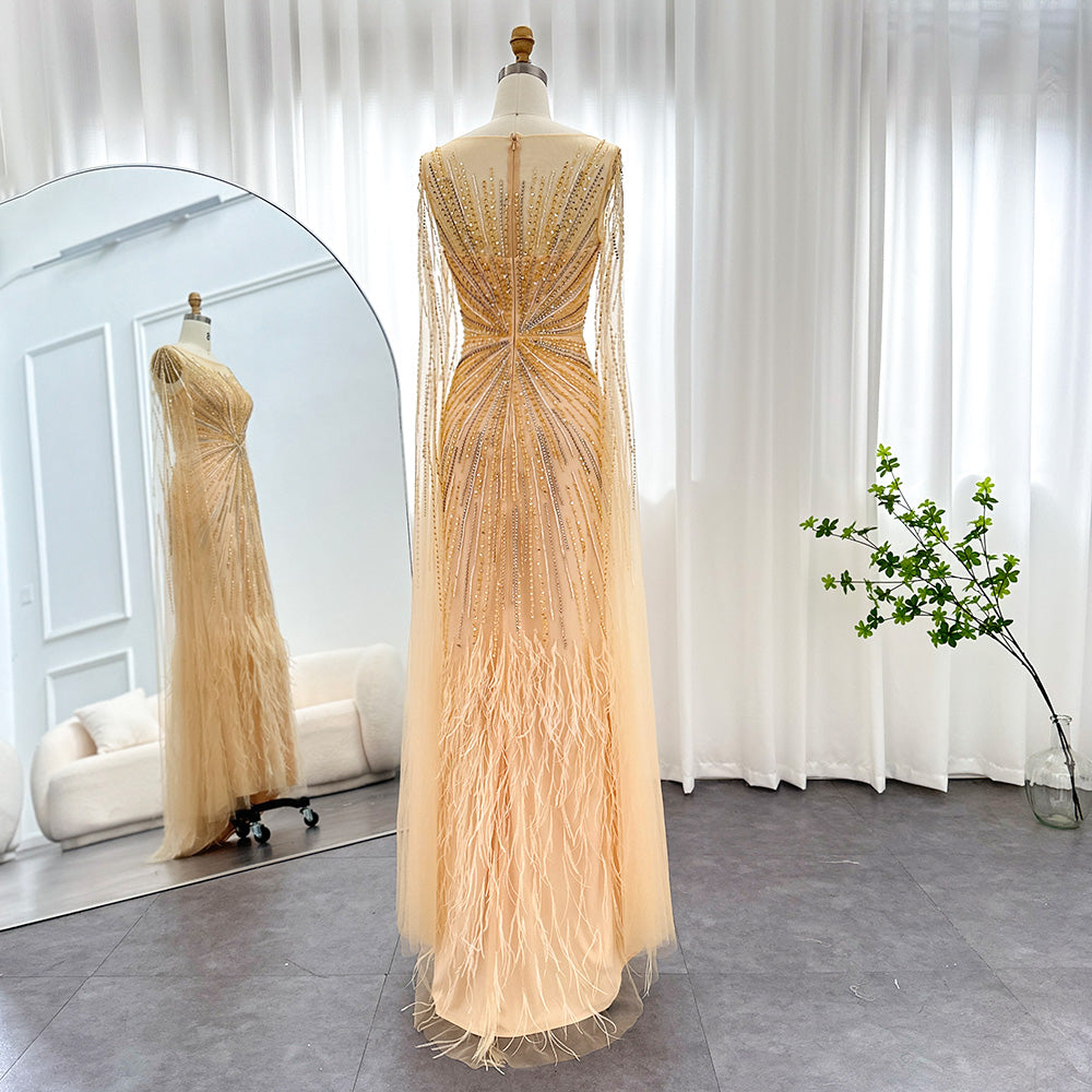 DreamyVow Luxury Dubai Lilac Feathers Evening Dresses with Cape Sleeves 2023 Arabic Long Women Wedding Party Prom Dress 196