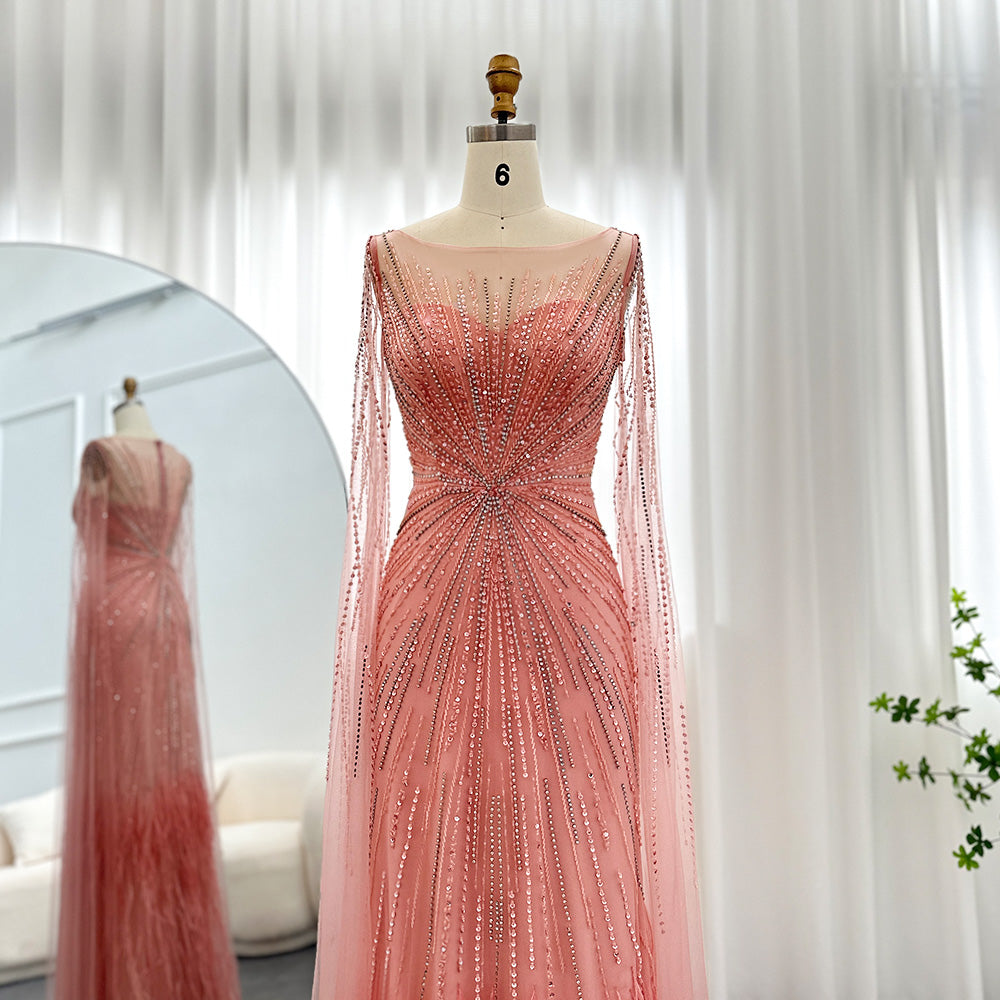 DreamyVow Luxury Dubai Lilac Feathers Evening Dresses with Cape Sleeves 2023 Arabic Long Women Wedding Party Prom Dress 196