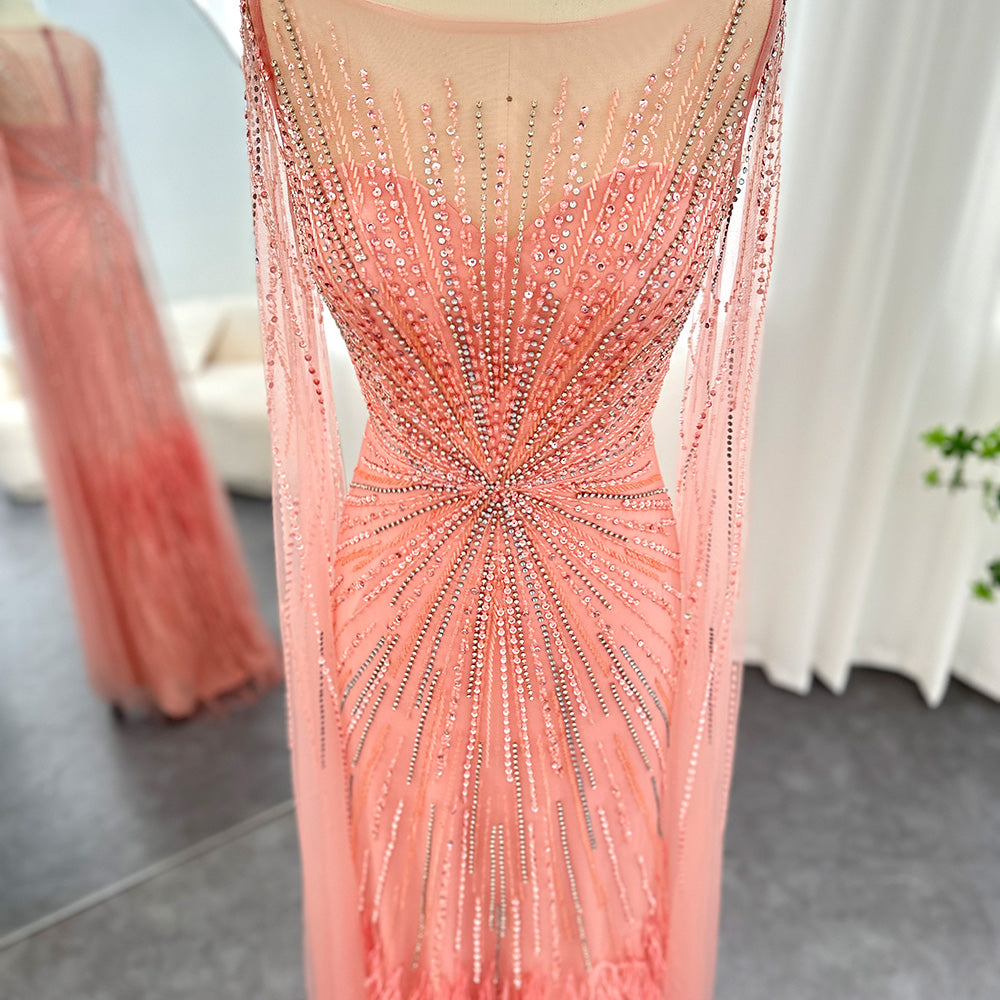 DreamyVow Luxury Dubai Lilac Feathers Evening Dresses with Cape Sleeves 2023 Arabic Long Women Wedding Party Prom Dress 196