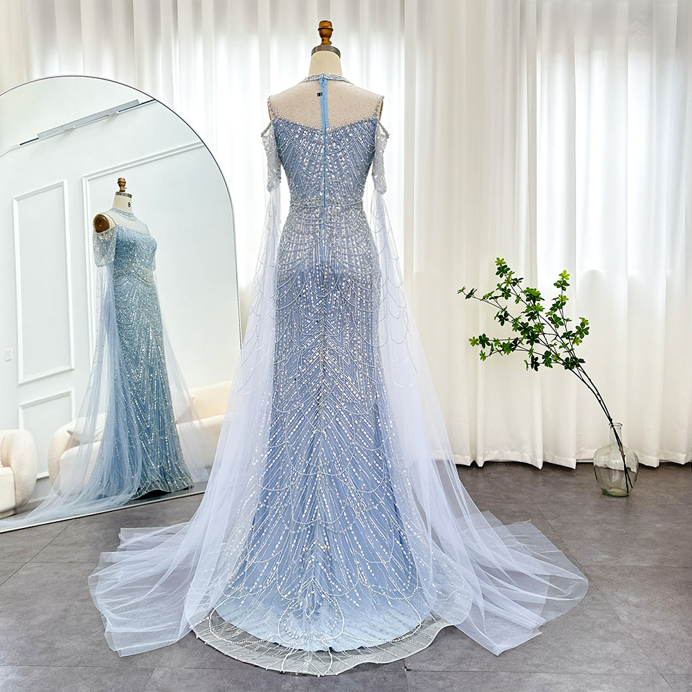 Dreamy Vow Sage Green Mermaid Luxury Dubai Evening Dress with Cape Sleeves Elegant Women Purple Wedding Formal Party Gown 205