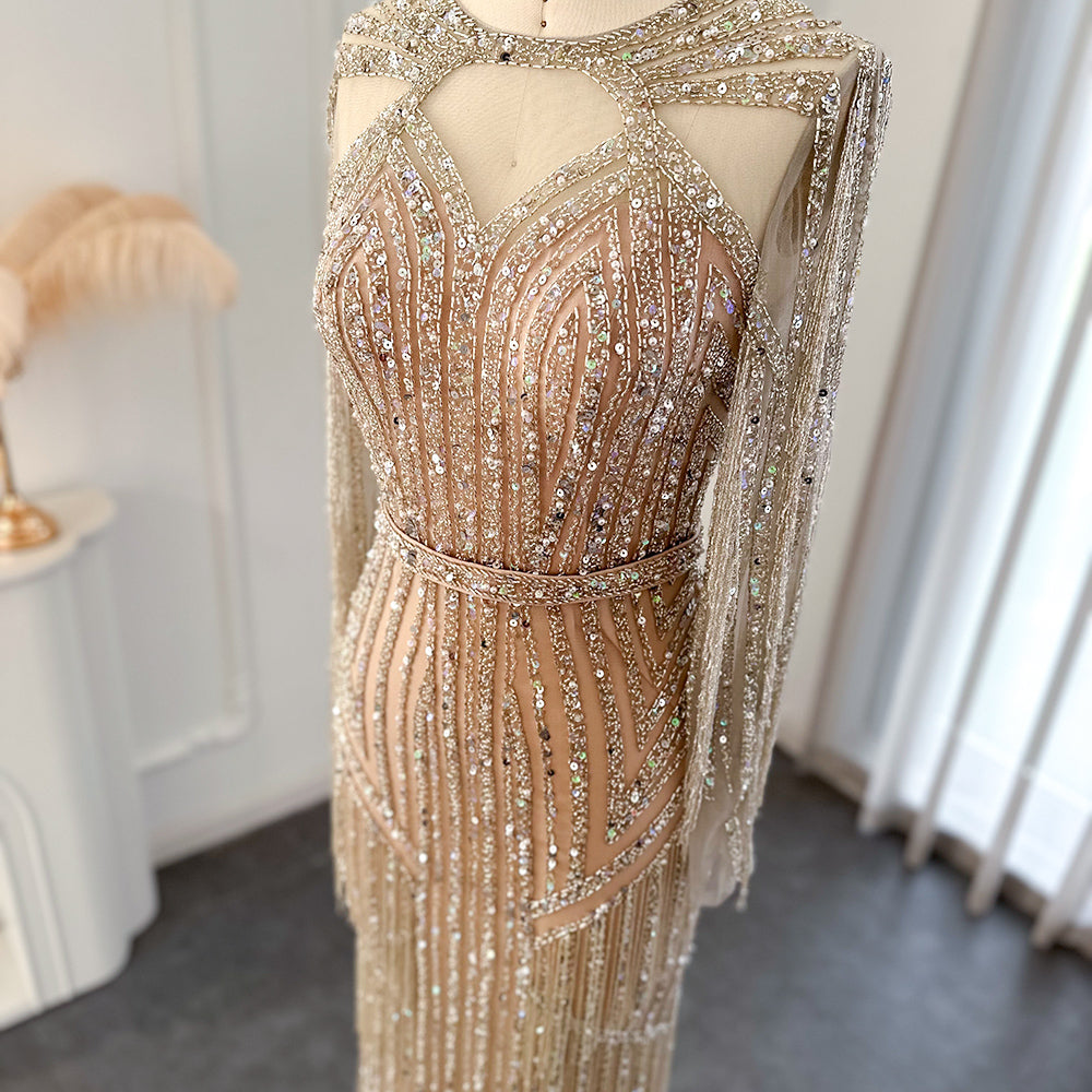 Dreamy Vow Luxury Dubai Tassel Silver Nude Mermaid Evening Dress for Women Wedding Party Long Sleeve African Prom Dresses 214