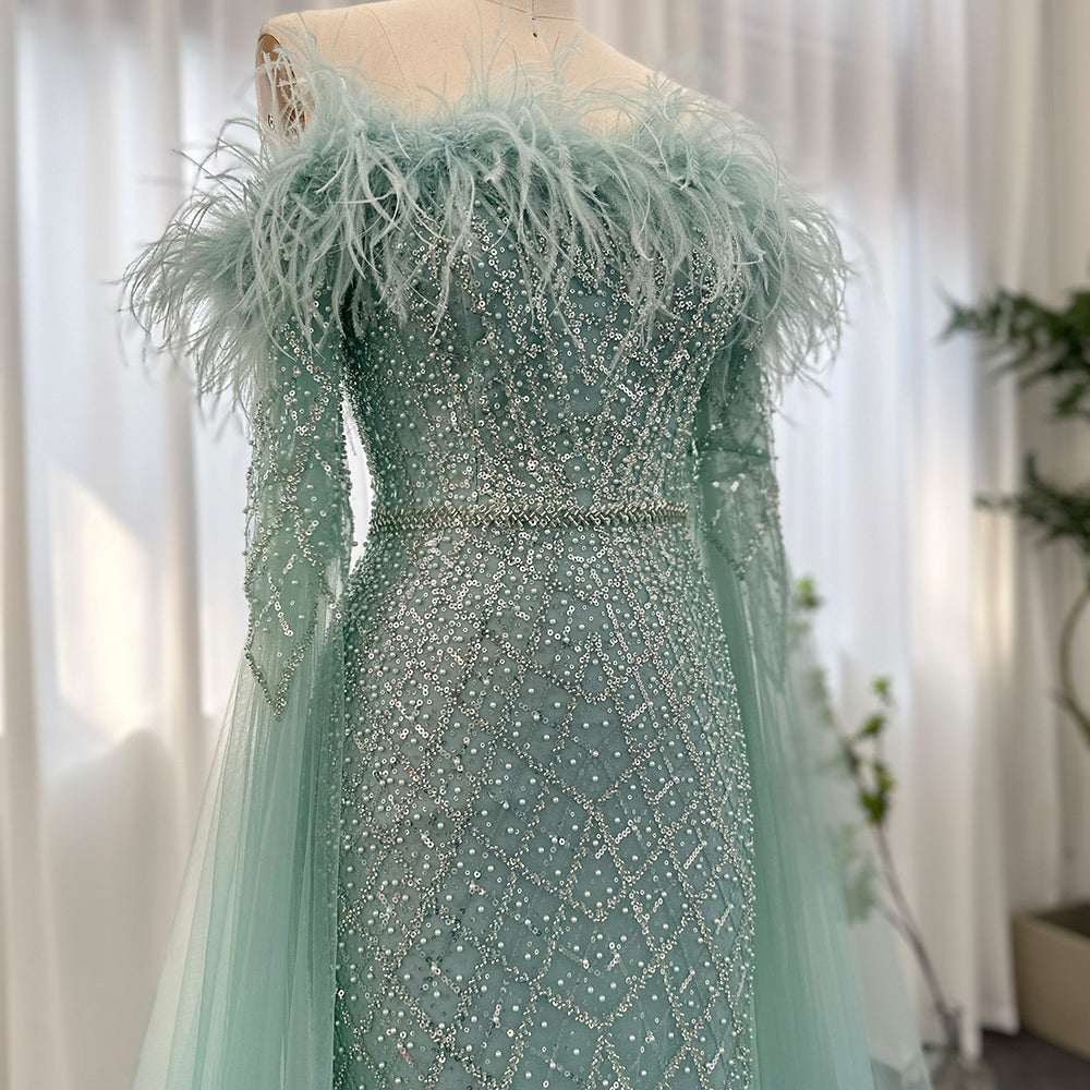 Dreamy Vow Luxury Feather Turquoise Dubai Evening Dress with Cape Sleeves Lilac Arabic Women Wedding Party Prom Gown 261