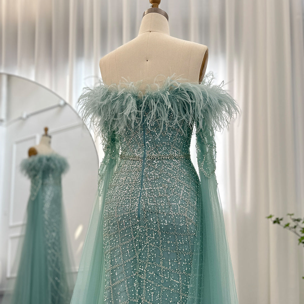 Dreamy Vow Luxury Feather Turquoise Dubai Evening Dress with Cape Sleeves Lilac Arabic Women Wedding Party Prom Gown 261