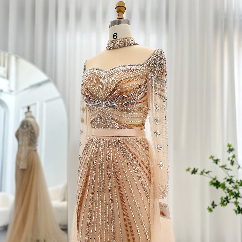 Dreamy Vow Luxury Champagne Mermaid Dubai Evening Dress with Detachable Overskirt Arabic Women Wedding Formal Party Gowns 265