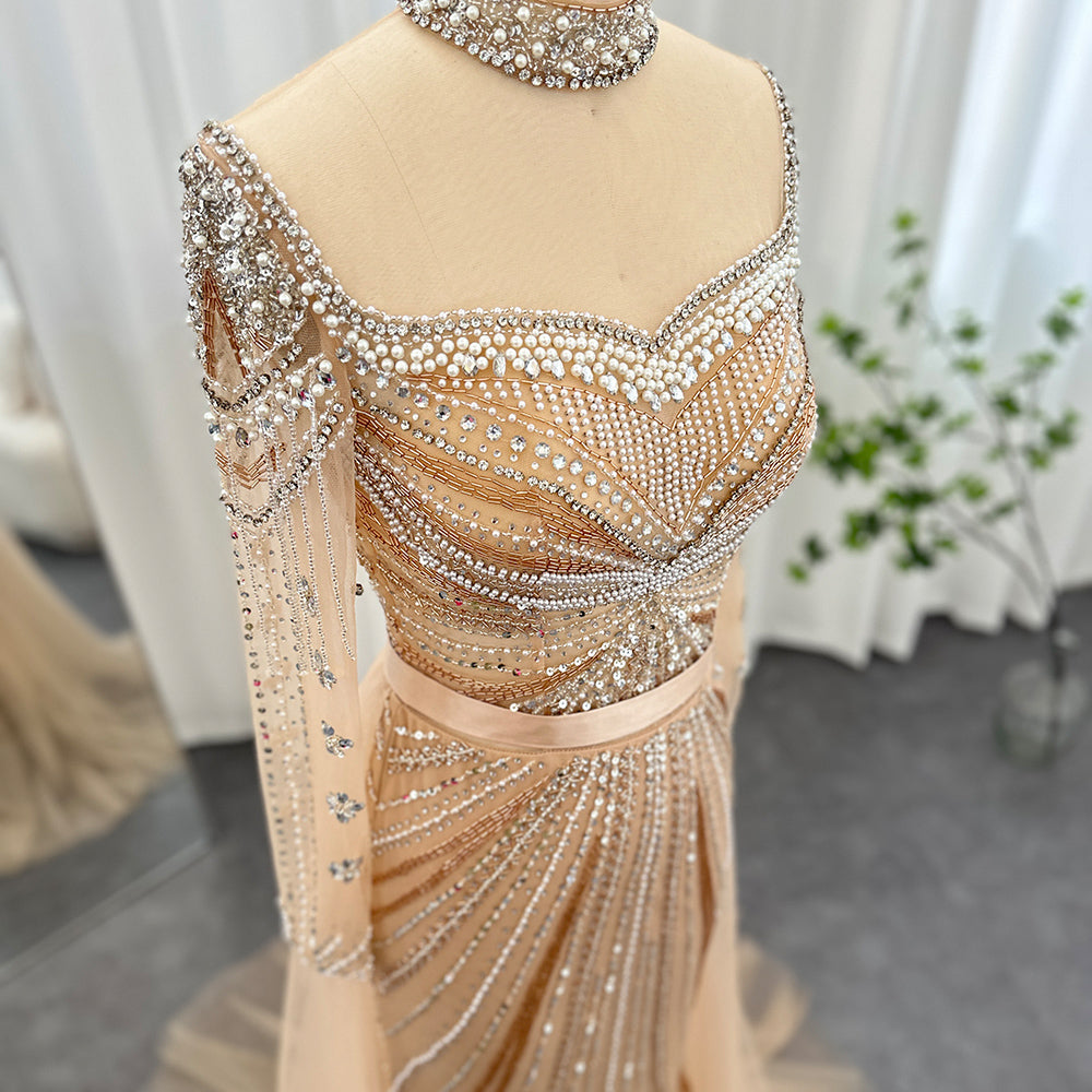Dreamy Vow Luxury Champagne Mermaid Dubai Evening Dress with Detachable Overskirt Arabic Women Wedding Formal Party Gowns 265
