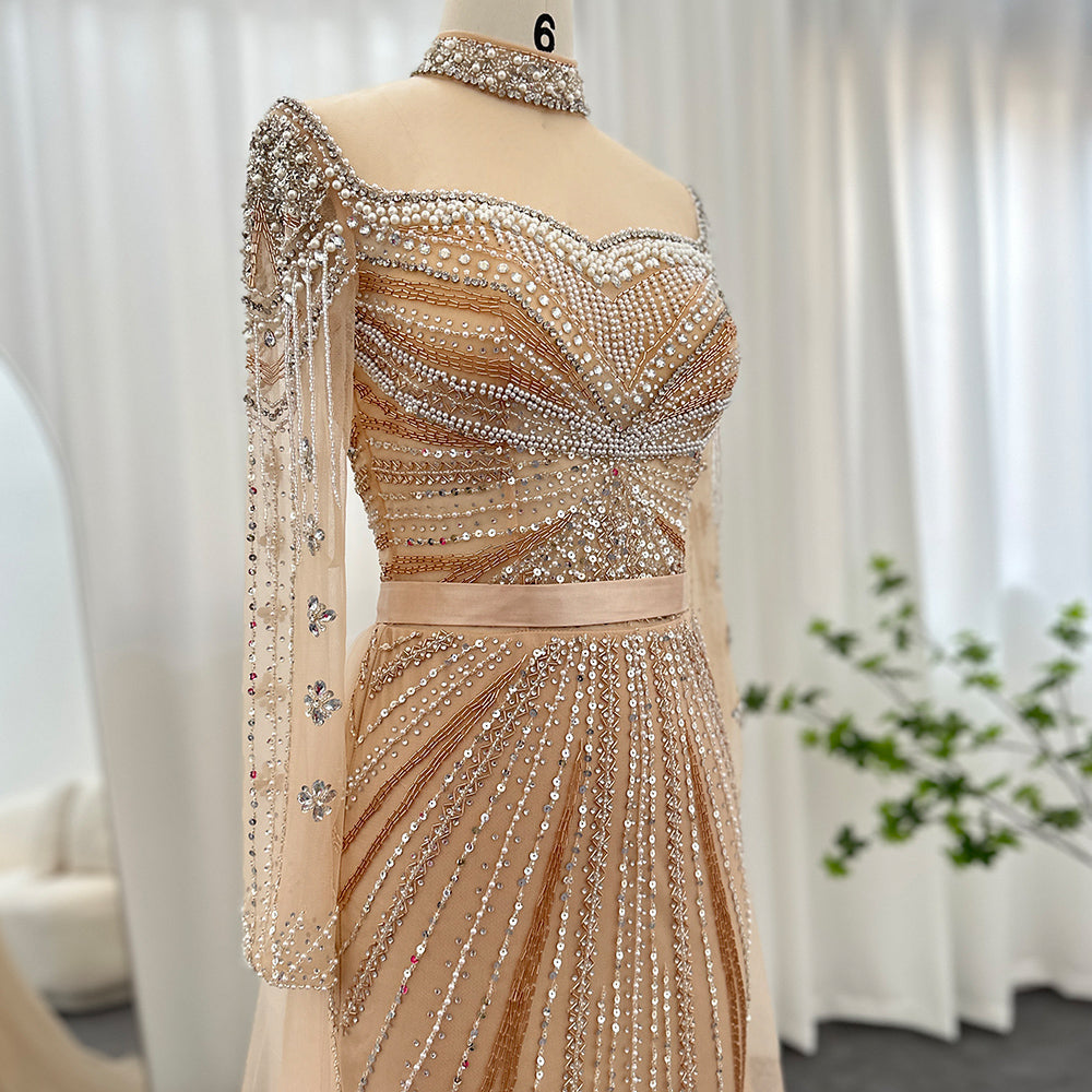 Dreamy Vow Luxury Champagne Mermaid Dubai Evening Dress with Detachable Overskirt Arabic Women Wedding Formal Party Gowns 265