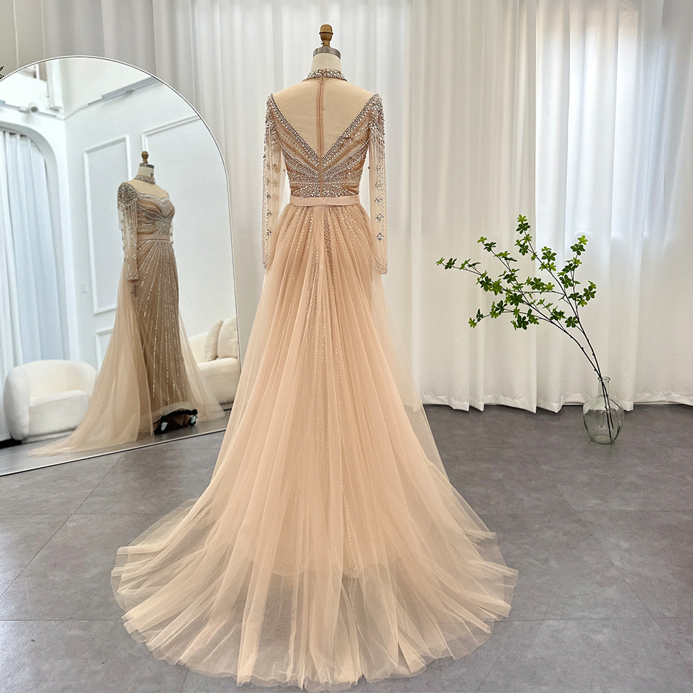 Dreamy Vow Luxury Champagne Mermaid Dubai Evening Dress with Detachable Overskirt Arabic Women Wedding Formal Party Gowns 265