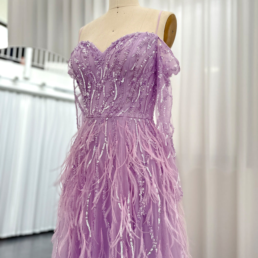 Dreamy Vow Luxury Dubai Feathers Lilac Evening Dresses for Women Wedding Elegant Emerald Green Arabic Formal Party Gowns 351