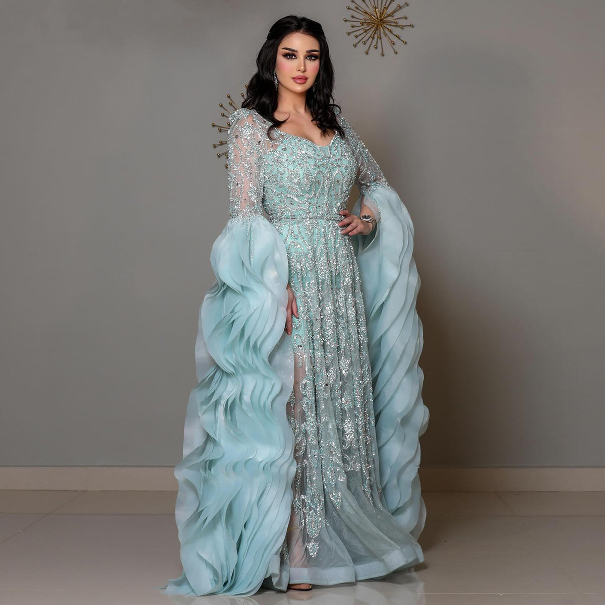 Luxury Aqua Evening Dress with Crystal Sequins and Ruffled Cape SS410
