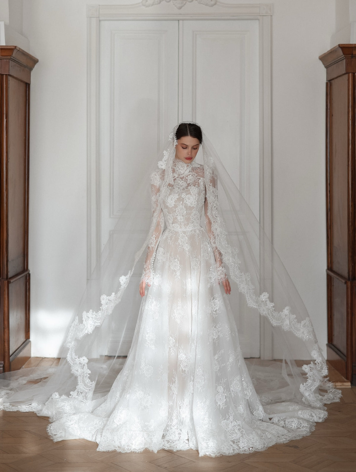long sleeve wedding dress with cathedral veil Timeless White Lace V-Neck Long Sleeve Wedding Dress with Cathedral Veil SW278