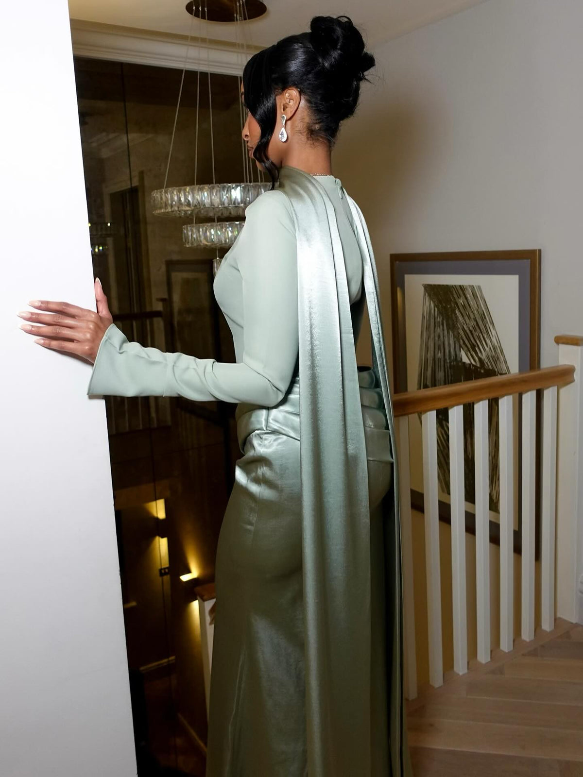sage green dress with neck scarf Scarf-Detail Strapless Gown in Spring Green - 6