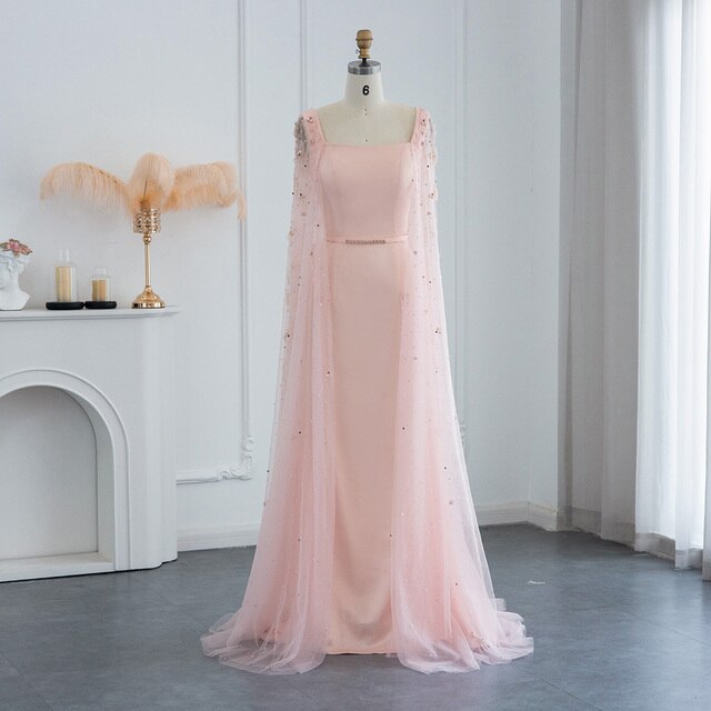Dreamy Vow Luxury Pink 3D Flowers Mermaid Dubai Evening Dress with Cape Sleeve Crystal Arabic Elegant Women Formal Gowns for Wedding Party 493