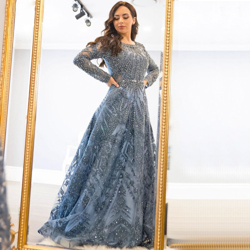 Dreamy Vow Navy Blue Long Sleeve Dubai Evening Dress Muslim Women Arabic Formal Dresses Plus Size Moroccan Kaftan Long Prom Party Gown 63