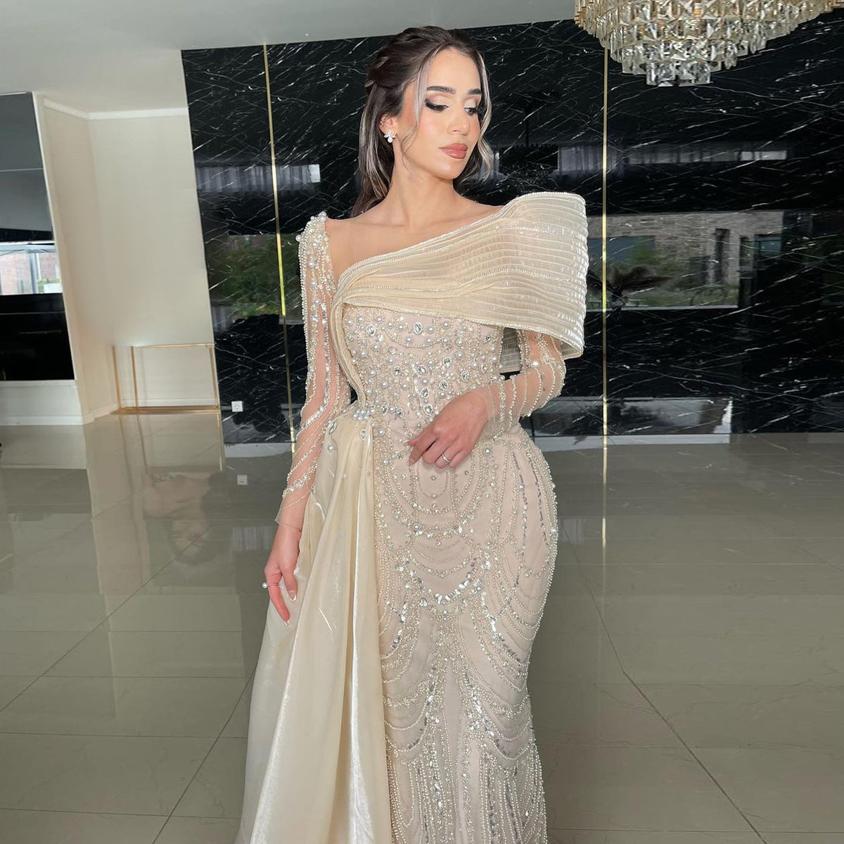 Luxury Nude Crystal Mermaid Long Sleeves Evening Dress with Overskirt SS256