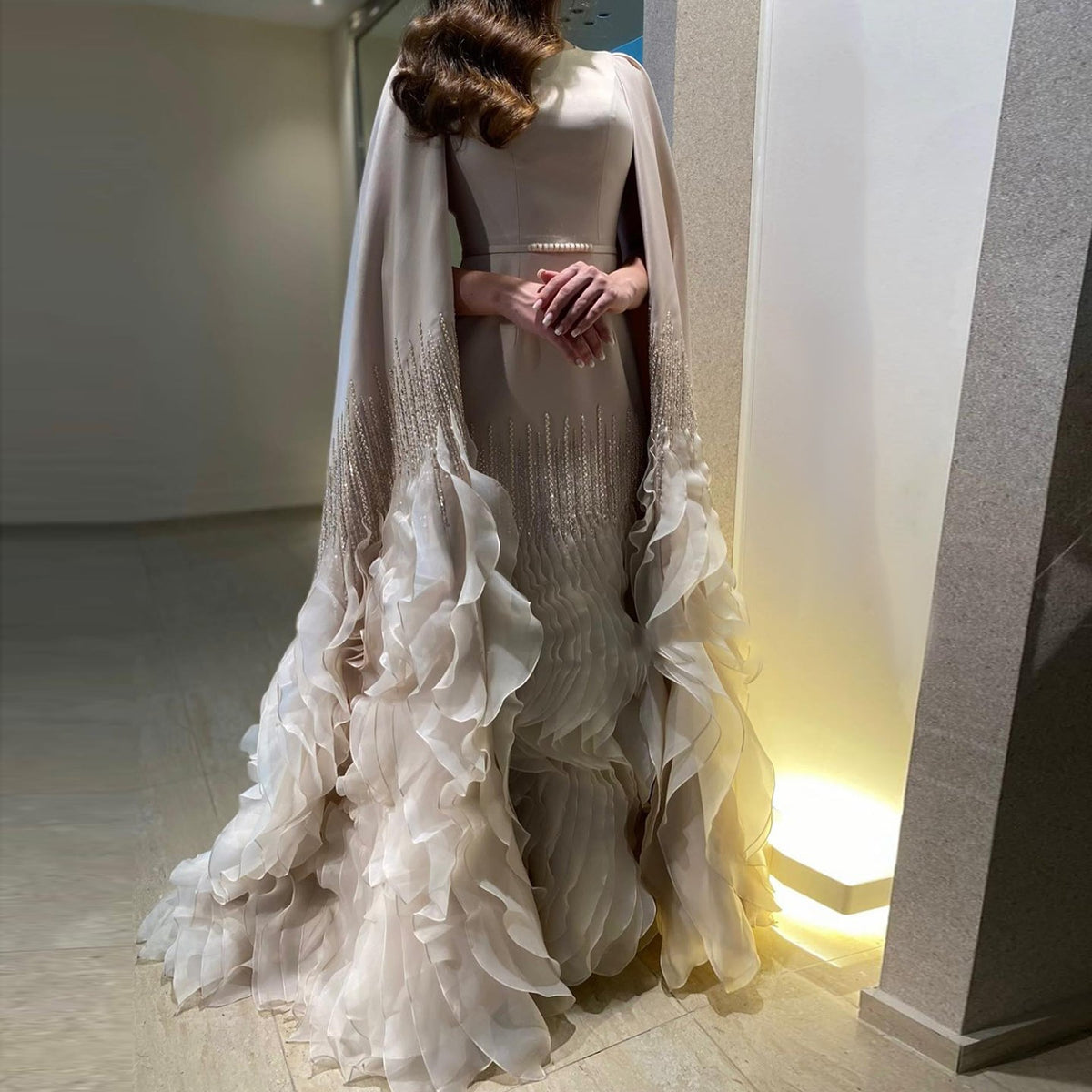 Luxury Nude Tiered Ruffles Mermaid Evening Dress with Cape Sleeves SS440