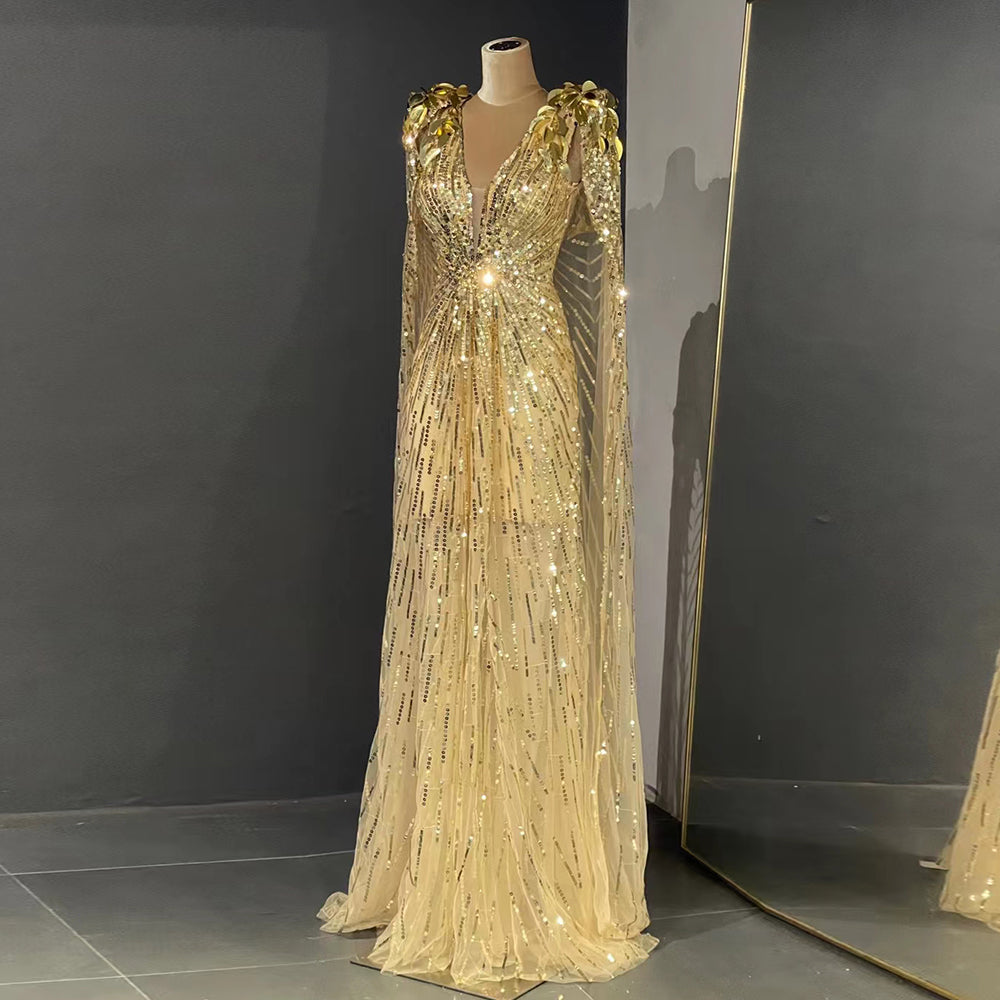 Sparkly Beaded Gold V-Neck Sequin Evening Dresses with Cape SS562