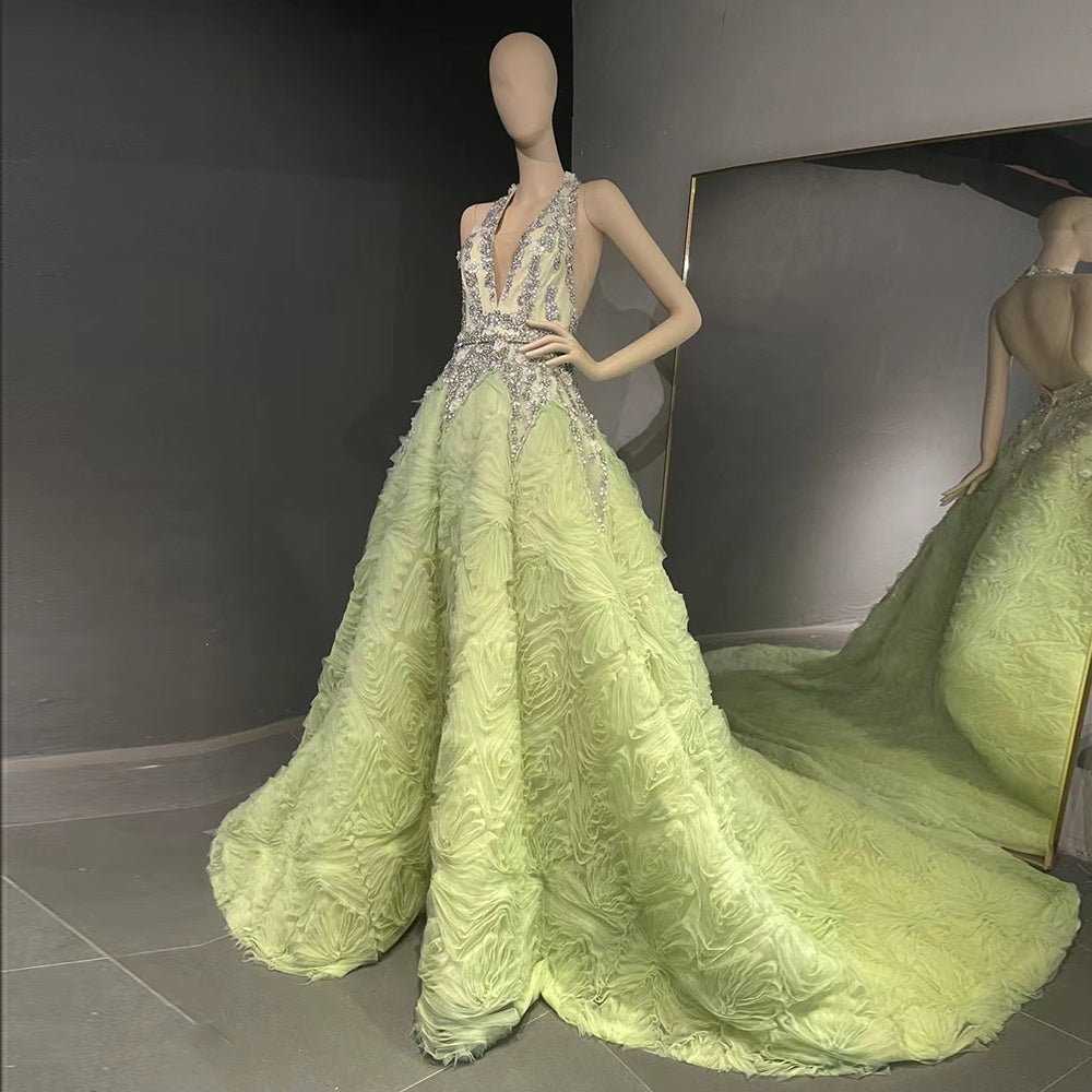 Luxury 3D Floral Crystal Halter V-Neck Evening Dress SS566