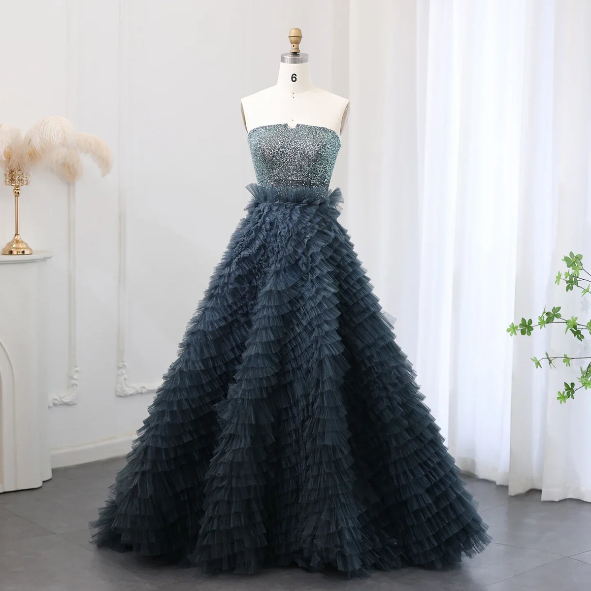 Luxury Beaded Blue Strapless Ruffles Evening Dress SS503