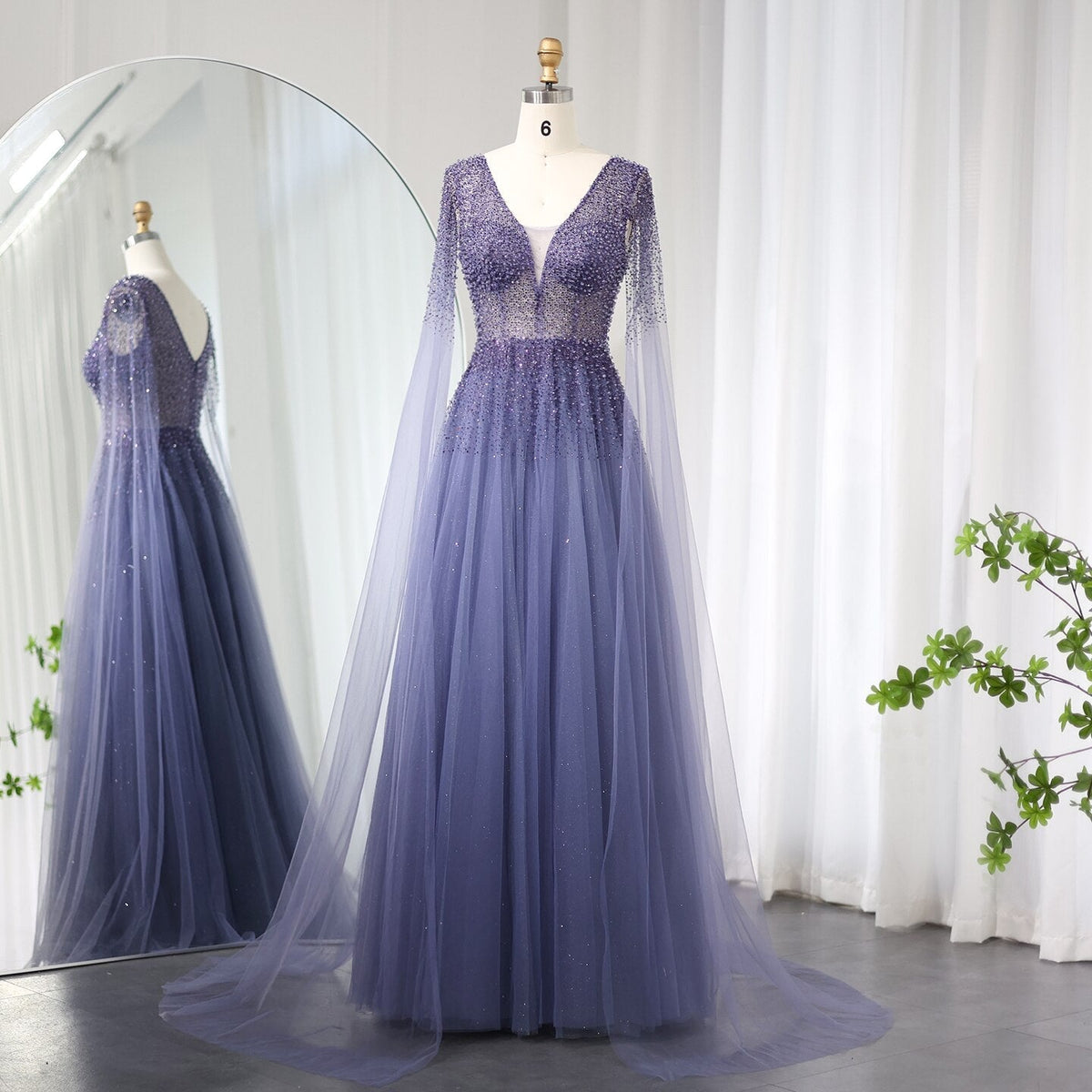 Dreamy Vow Royal Blue Luxury Dubai Evening Dress with Cape Sleeves Elegant Pink V-Neck Purple Women Wedding Party Gowns 012