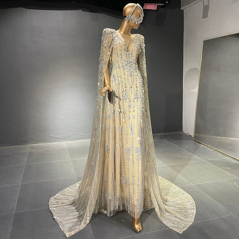 Luxurious Crystal Pearls Evening Dress with Cape Sleeves SS550
