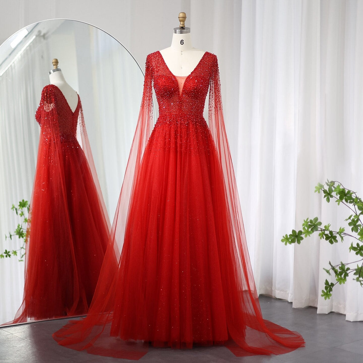 Dreamy Vow Royal Blue Luxury Dubai Evening Dress with Cape Sleeves Elegant Pink V-Neck Purple Women Wedding Party Gowns 012