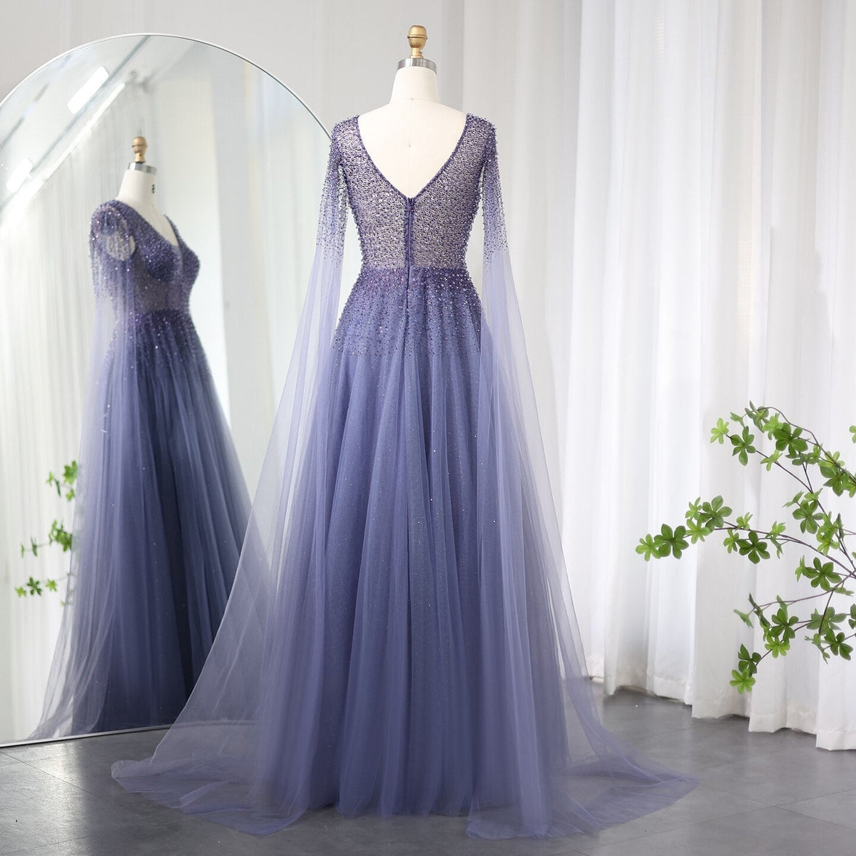 Dreamy Vow Royal Blue Luxury Dubai Evening Dress with Cape Sleeves Elegant Pink V-Neck Purple Women Wedding Party Gowns 012