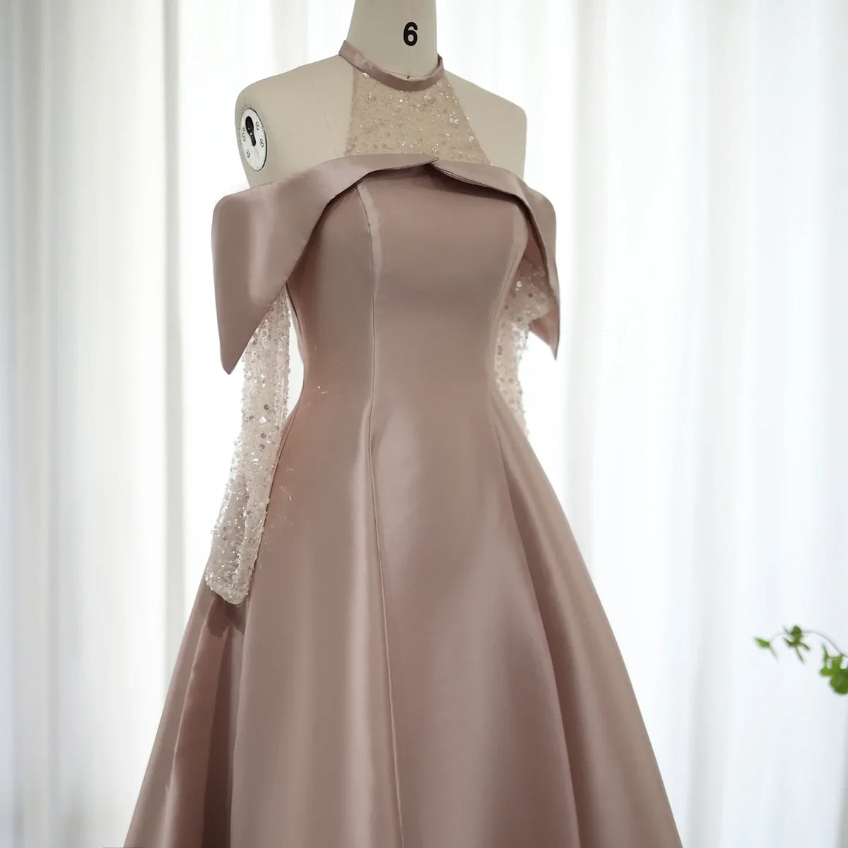 Dreamy Vow Elegant Khaki Satin High Low Dubai Evening Dress for Wedding Party Halter Arabic Women Midi Formal Guest Gowns F 058