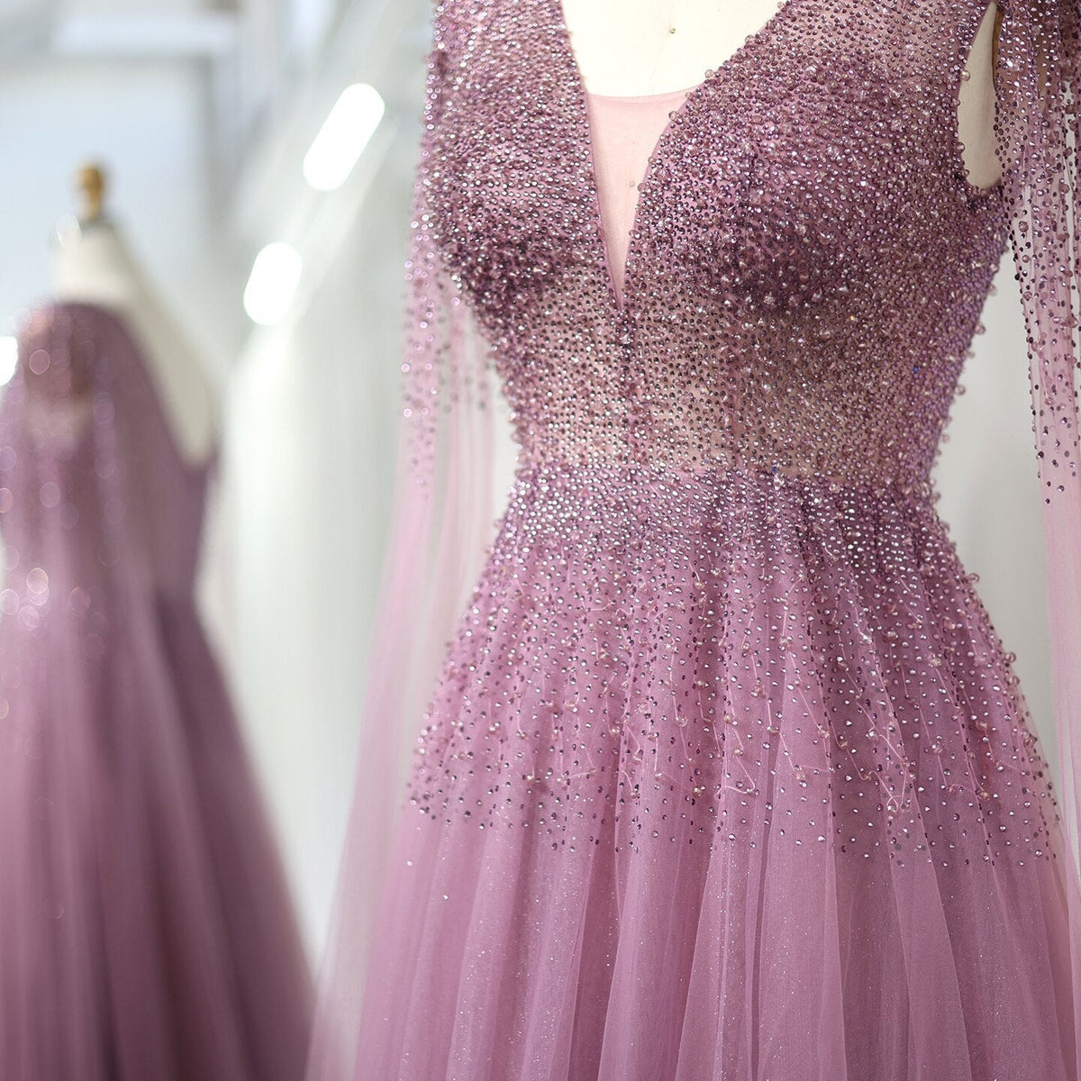 Dreamy Vow Royal Blue Luxury Dubai Evening Dress with Cape Sleeves Elegant Pink V-Neck Purple Women Wedding Party Gowns 012