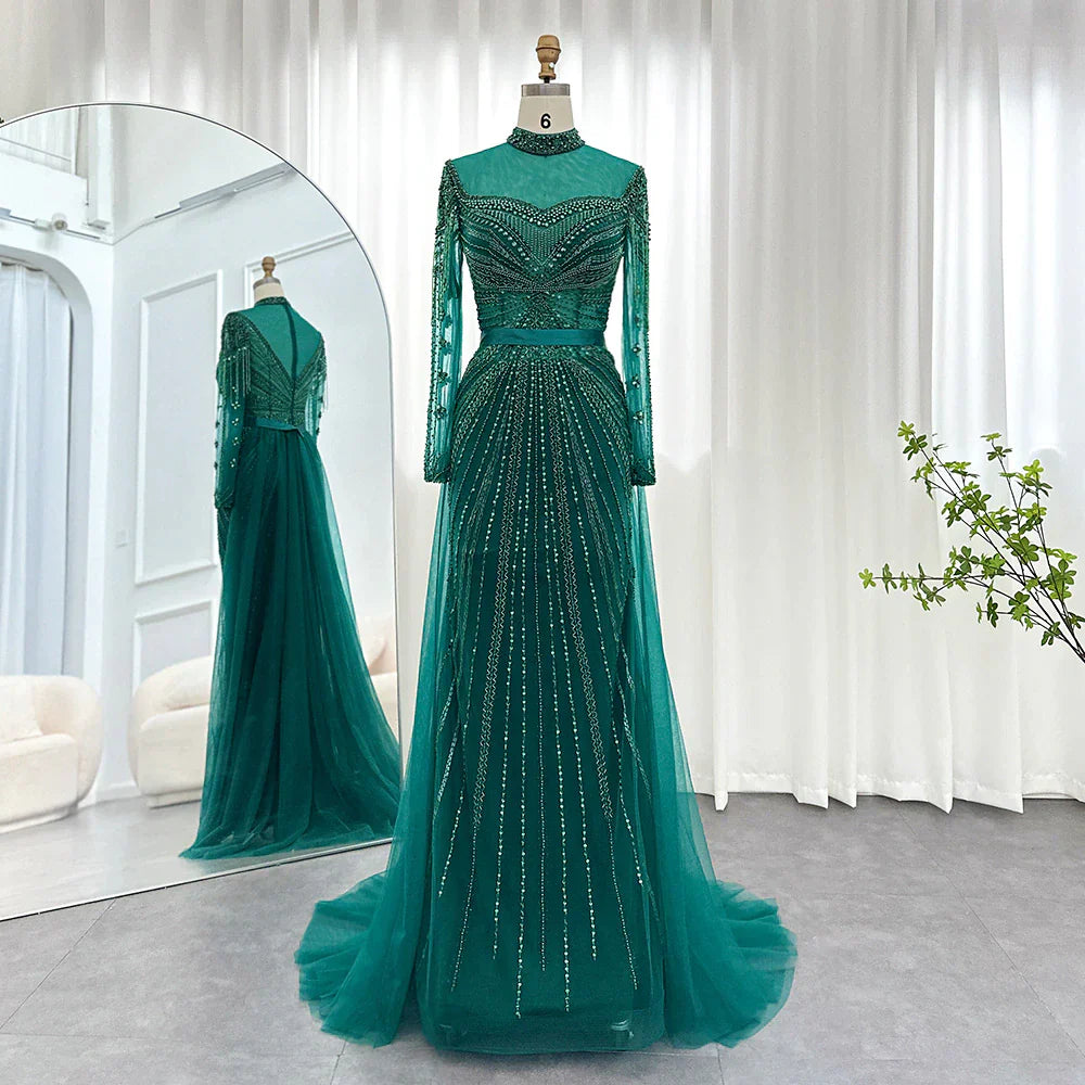Dreamy Vow Luxury Champagne Mermaid Dubai Evening Dress with Detachable Overskirt Arabic Women Wedding Formal Party Gowns 265