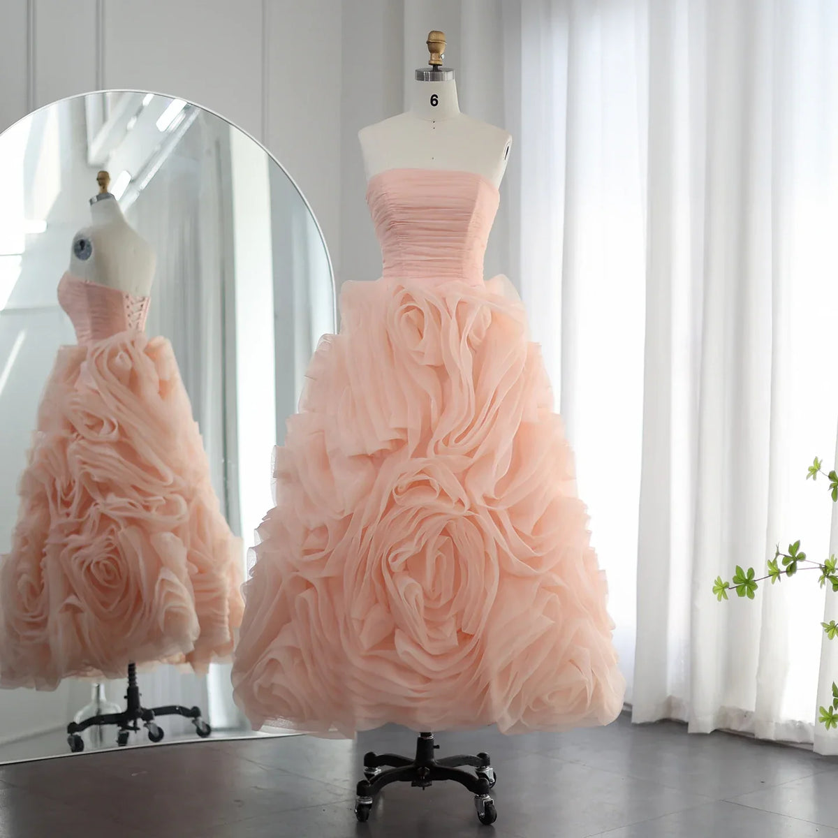 Dreamy Vow Luxury 3D Rose Flower Pink Short Evening Dresses for Women Wedding Party 2023 Strapless Midi Formal Prom Gowns 343