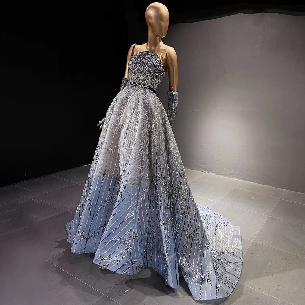 Stunning Glitter Blue Beaded A-Line Evening Dress SS552
