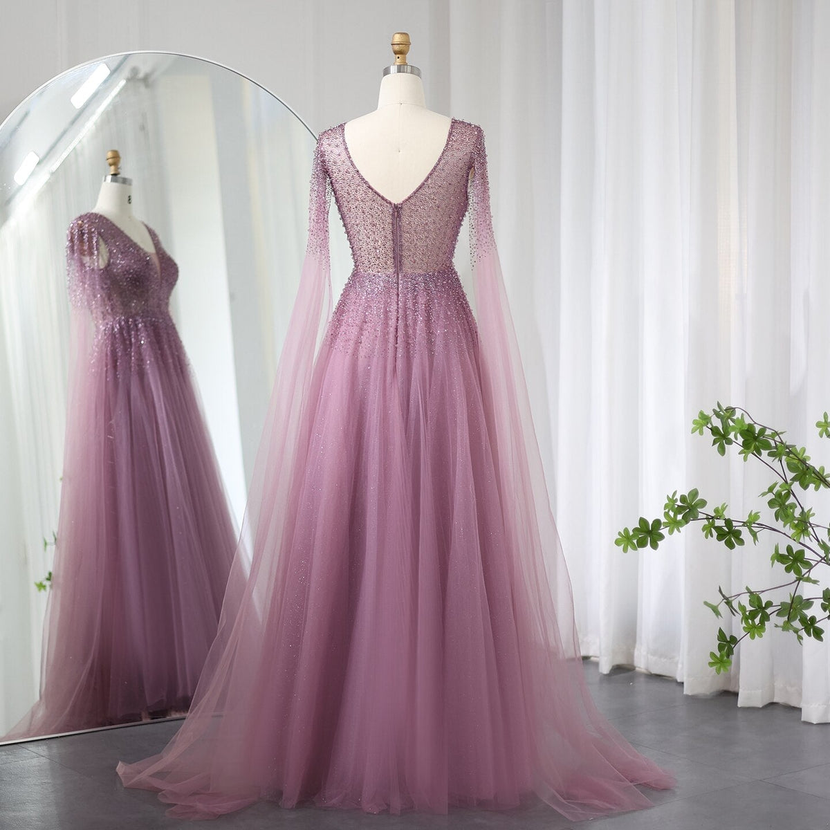 Dreamy Vow Royal Blue Luxury Dubai Evening Dress with Cape Sleeves Elegant Pink V-Neck Purple Women Wedding Party Gowns 012