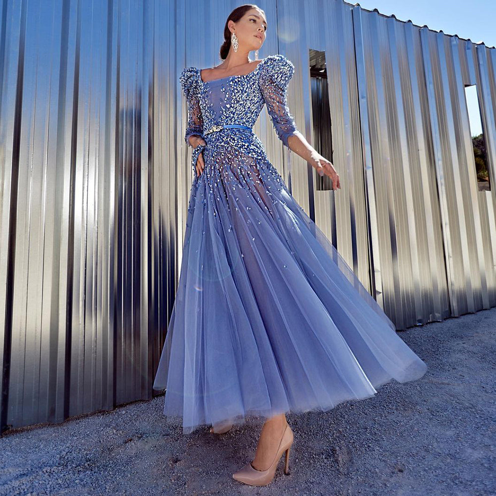 Elegant Beaded Blue Half Sleeves Ankle Length Evening Dress SS240