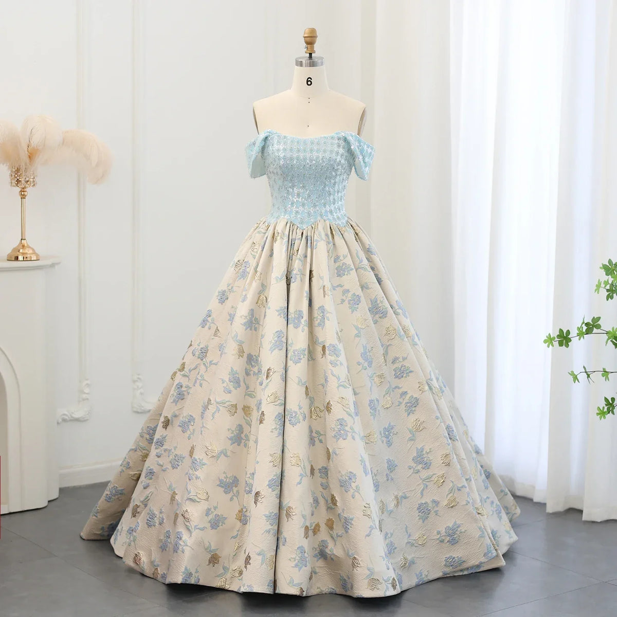 Elegant Off Shoulder Blue Printed Sequin Evening Dress SS501