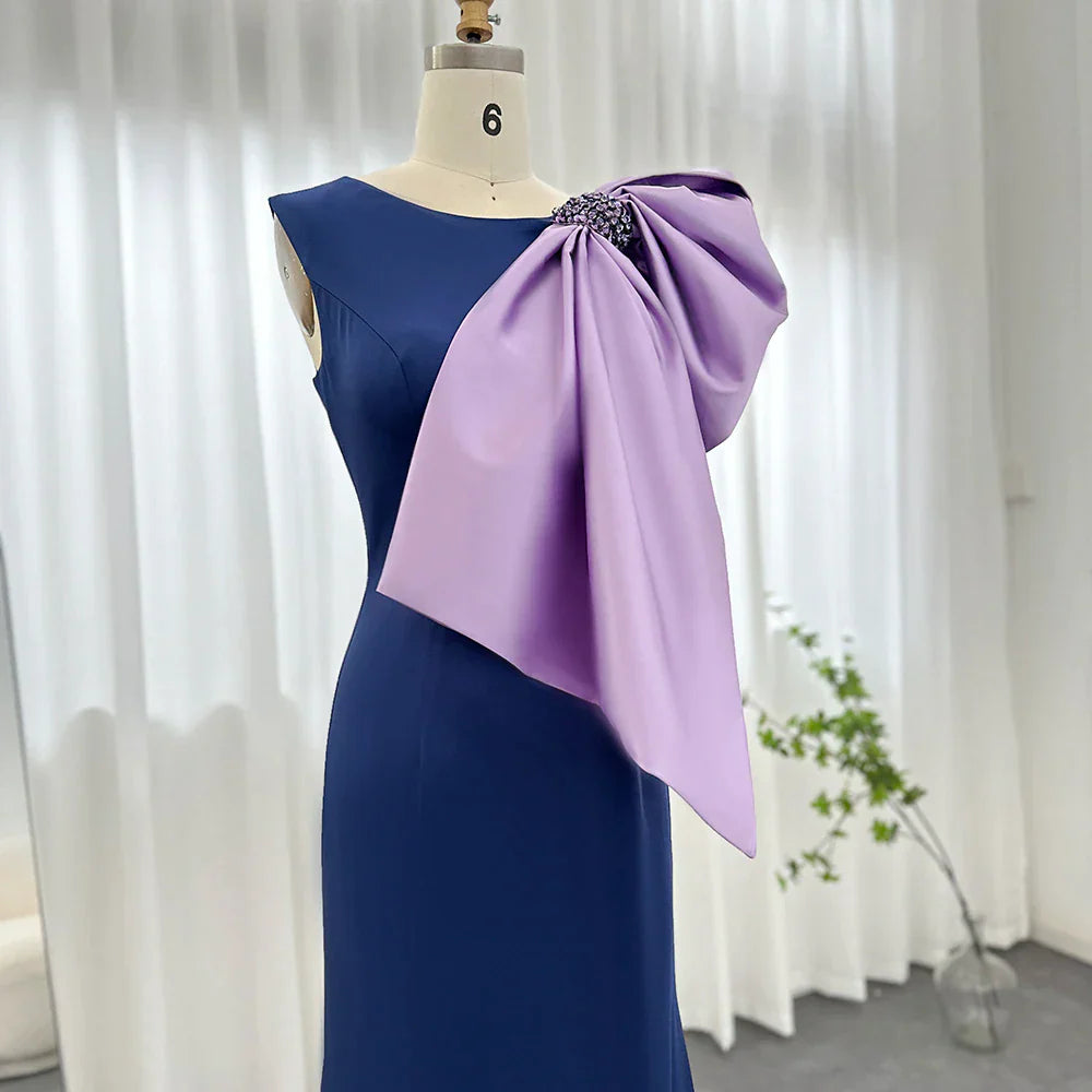Dreamy Vow Elegant Navy Blue Satin Mermaid Evening Dresses with Lilac Bow Women Wedding Party Formal Gowns F121