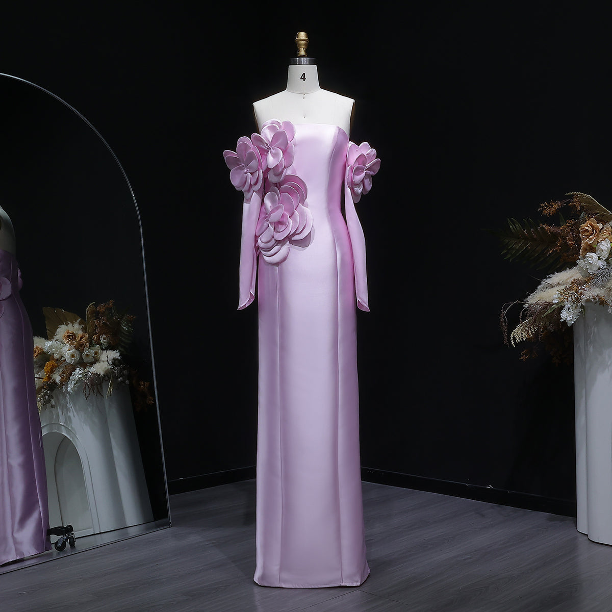 Luxury Pink 3D Floral Strapless Evening Dress with Split Tail SF394