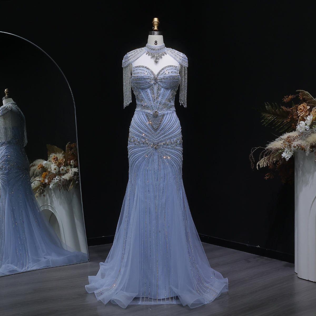 Luxury Blue Crystal Evening Dress with Shoulder Tassels SS190
