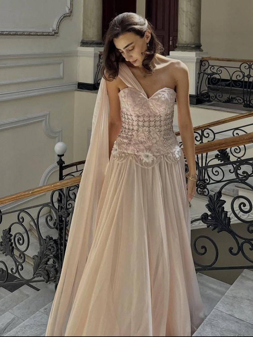 Elegant Blush Pink 3D Floral Beaded One-Shoulder Cape Evening Dress SS285