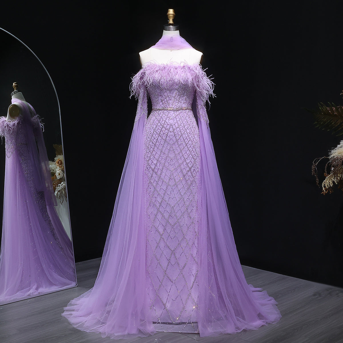 شارون سعيد فستان سهرة فاخر من الريش الفيروزي في دبي بأكمام كيب أرجواني عربي للنساء لحفلات الزفاف فستان حفلات SS261