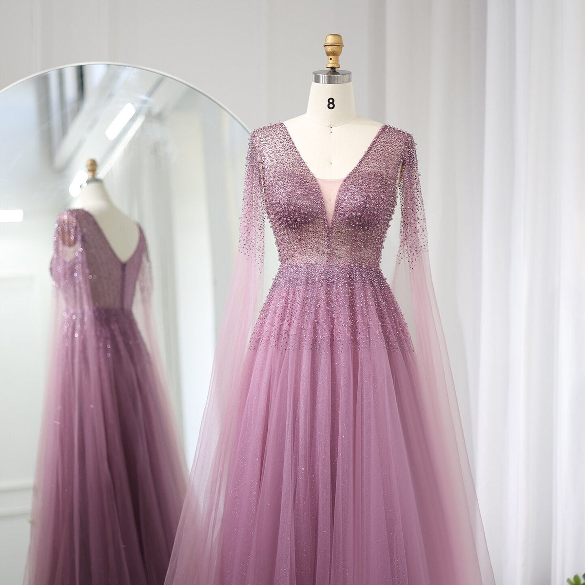 Dreamy Vow Royal Blue Luxury Dubai Evening Dress with Cape Sleeves Elegant Pink V-Neck Purple Women Wedding Party Gowns 012