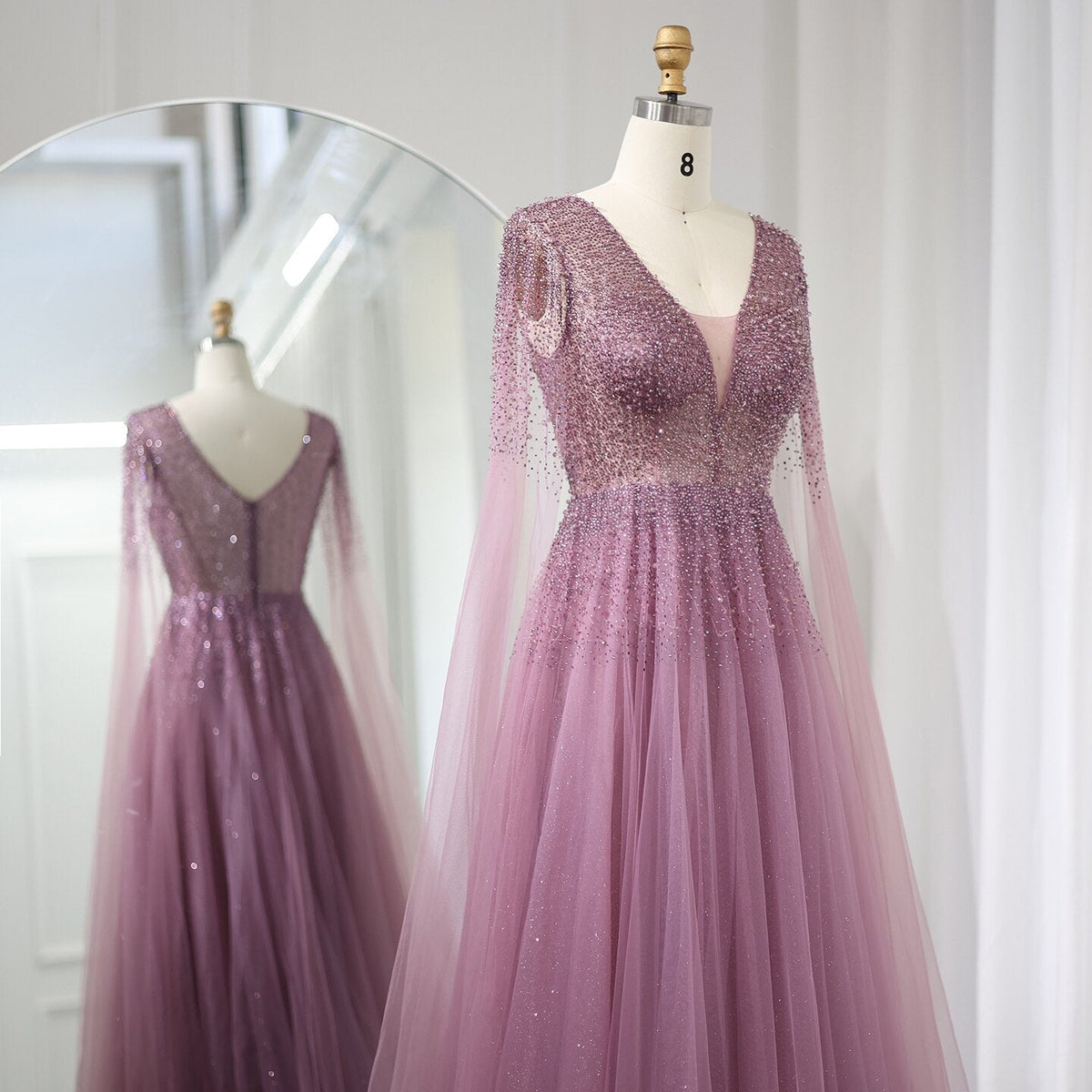 Dreamy Vow Royal Blue Luxury Dubai Evening Dress with Cape Sleeves Elegant Pink V-Neck Purple Women Wedding Party Gowns 012