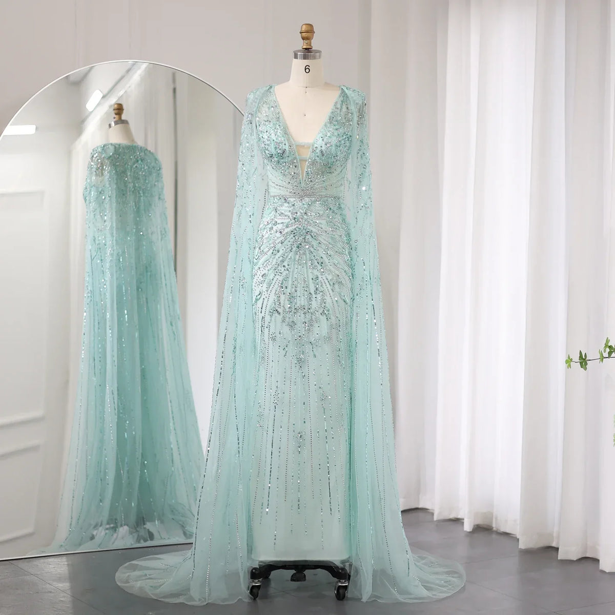 Luxury Turquoise V-Neck Mermaid Evening Dresses with Cape SS397