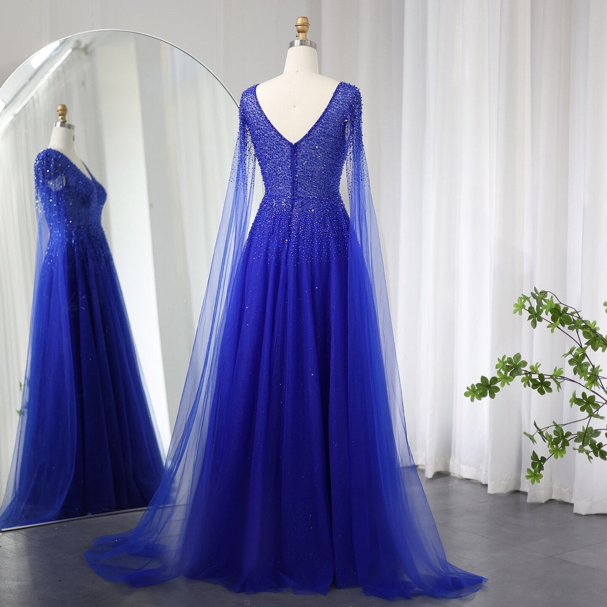 Dreamy Vow Royal Blue Luxury Dubai Evening Dress with Cape Sleeves Elegant Pink V-Neck Purple Women Wedding Party Gowns 012
